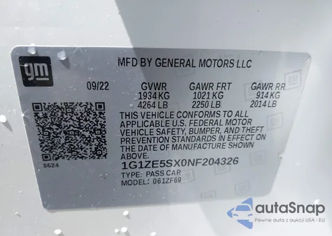 2022 Chevrolet Malibu Fwd Premier z USA, uszkodzony, nr VIN 1G1ZE5SX0NF204326